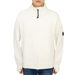 Cp Company Diagonal Raised Fleece Zipped Sweatshirt In White