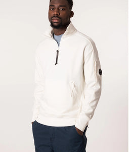 Cp Company Quarter Zip Polo Collar Sweatshirt In White