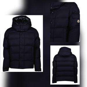 Moncler Flanelle Vezere Hooded Down Jacket In Navy