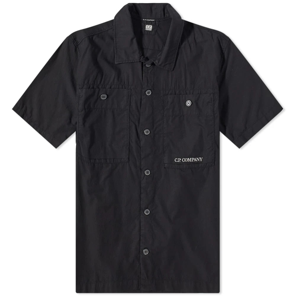 Cp Company Rip-Stop Embroidered Logo Short Sleeve Shirt in Black