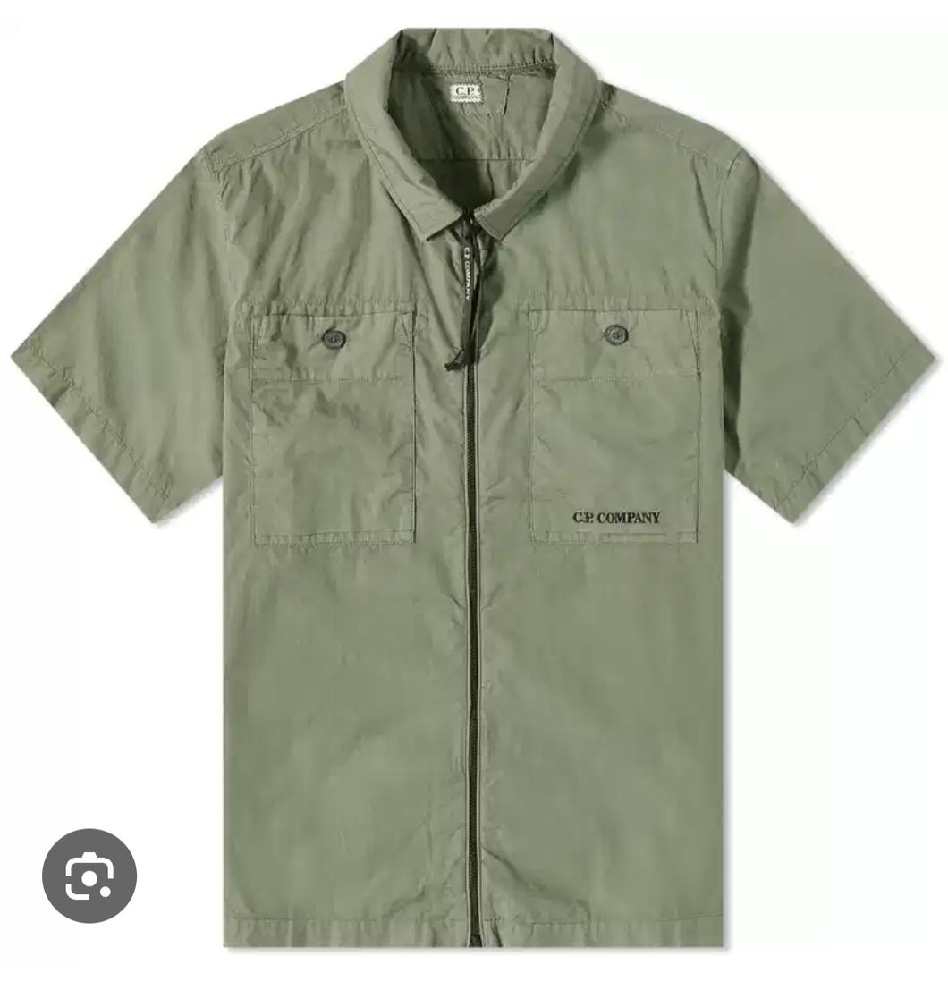 Cp Company Rip-Stop Short Sleeve Full Zip Shirt Bronze Green (Pre-Order: Due Approx. 28th Feb)