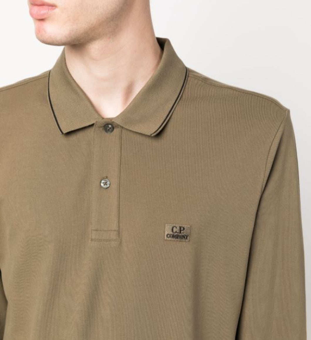 Cp Company Slim Fit Long Sleeve Stretch Piquet Polo Shirt in Butternut Brown